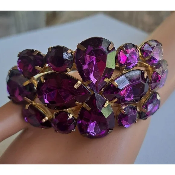 VTG Bold N Beautiful Purple Rhinestone Clamper Bracelet 1960's - Picture 2 of 16